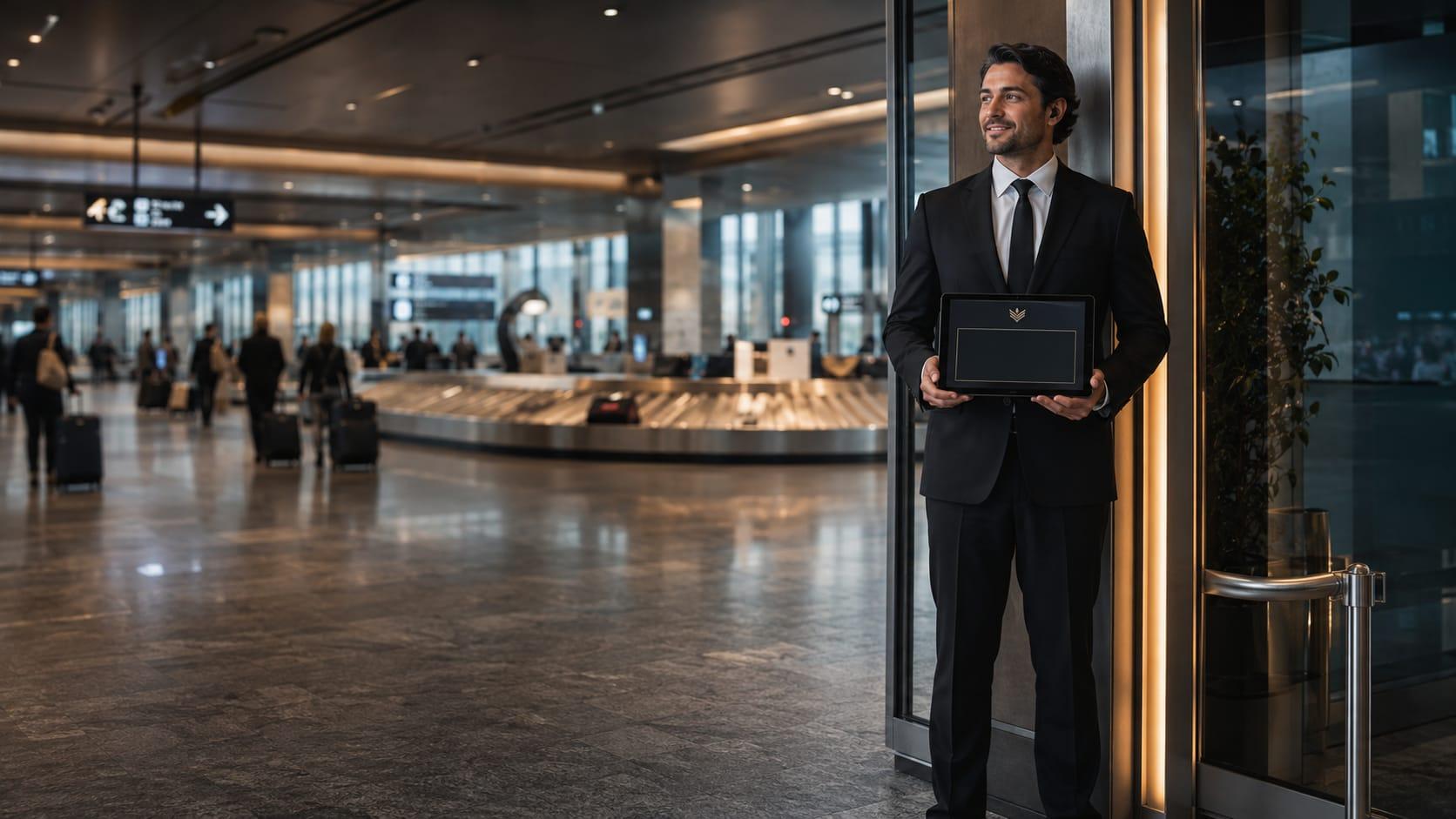 A chauffeur in a dark suit waiting inside the terminal with a name board