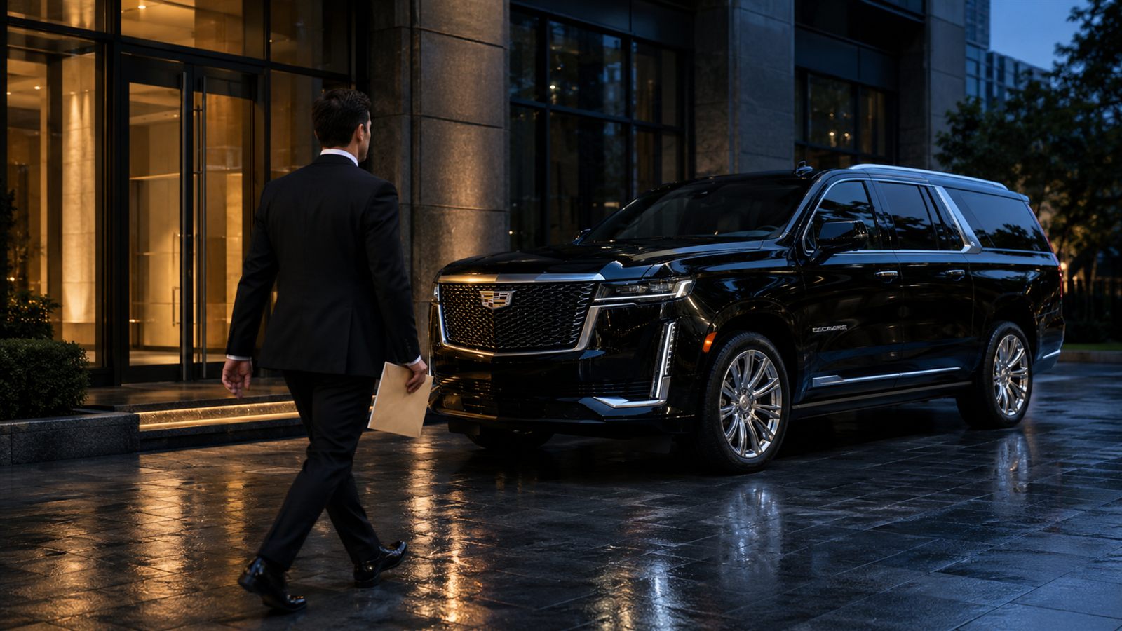 A chauffeur in a dark suit carrying a document envelope to a waiting black SUV outside an office entrance