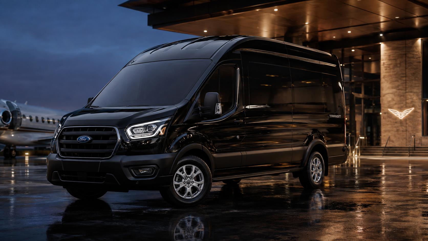 A black high-roof Ford Transit van at a lit building entrance at dusk