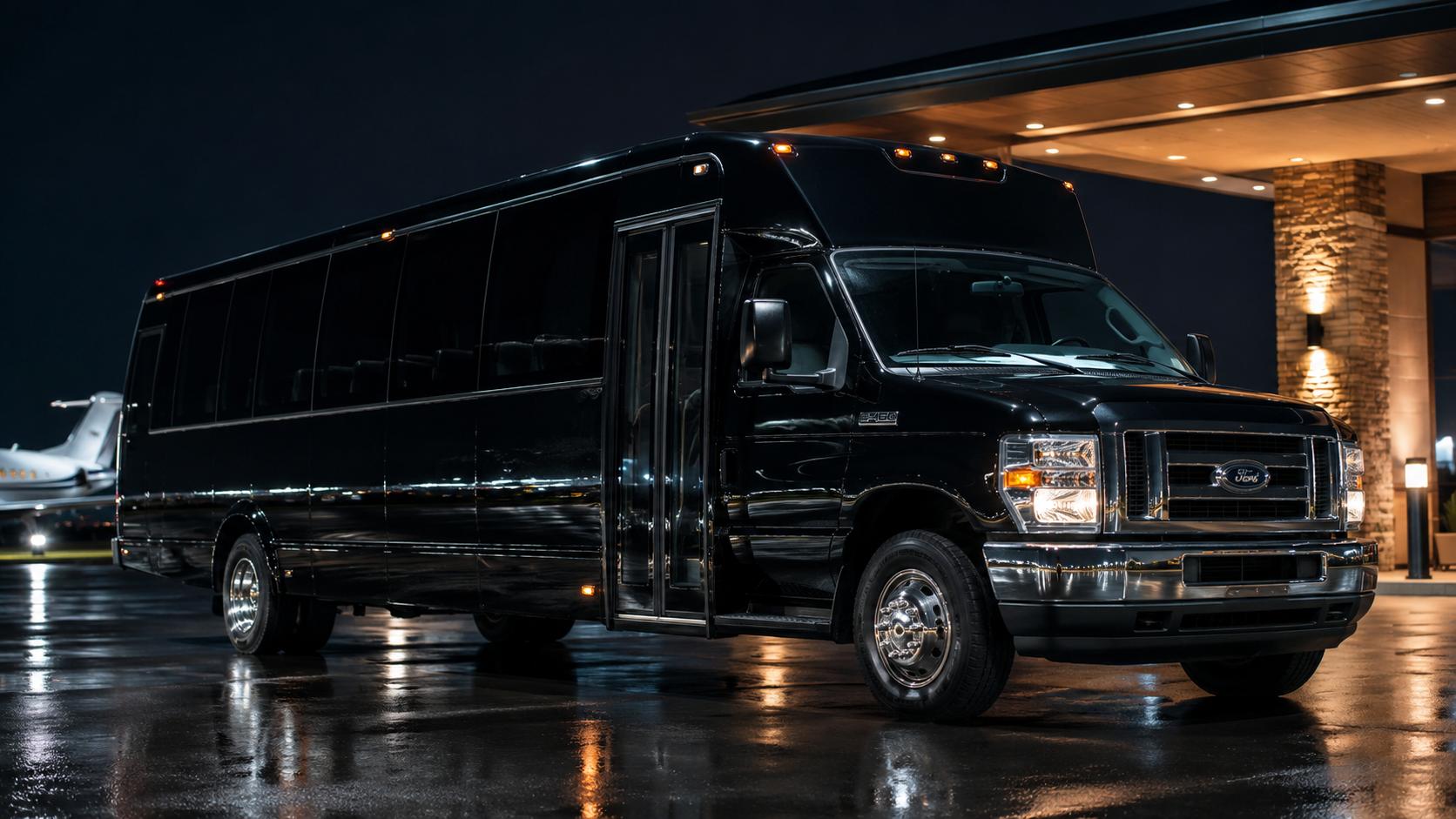 A black minibus with its entry door open at a covered entrance at night