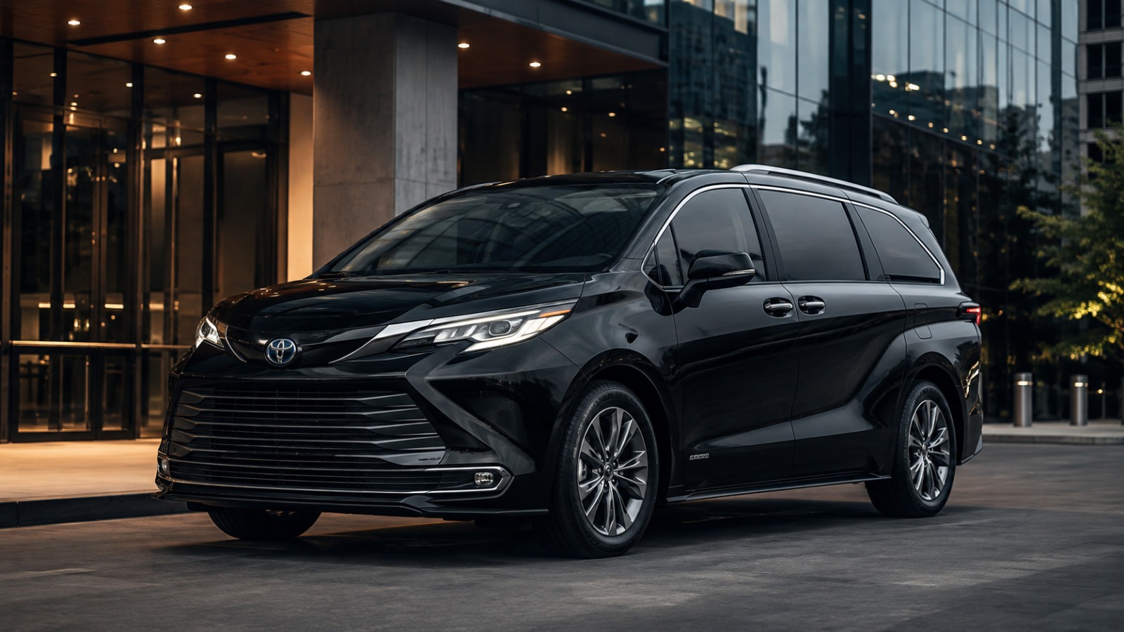 A black Toyota Sienna premium minivan at a building entrance in the evening