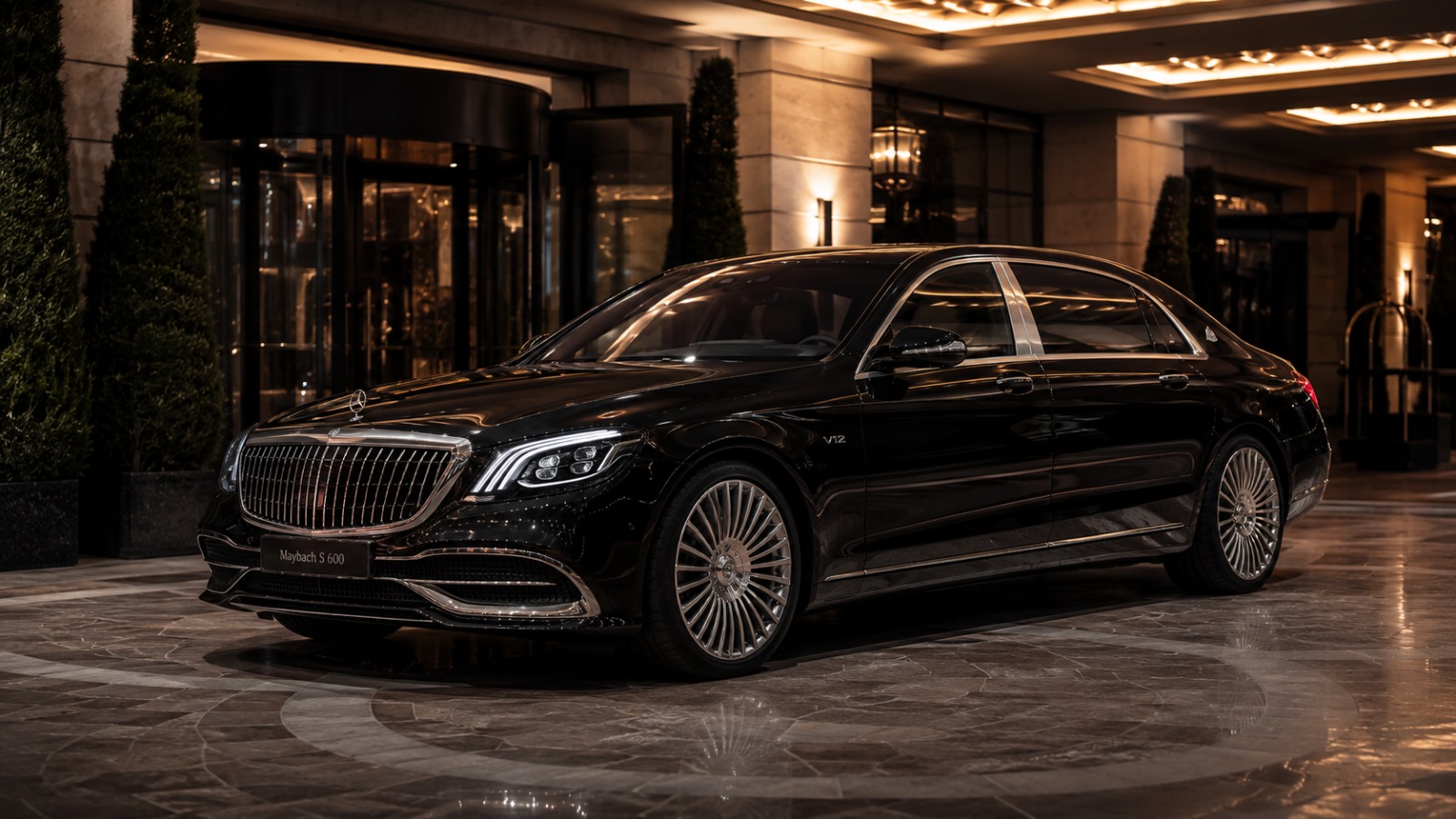 A black Mercedes-Maybach sedan waiting under a lit hotel portico at night