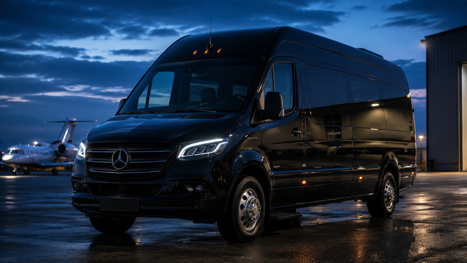 A black Mercedes Sprinter van parked on the apron at dusk