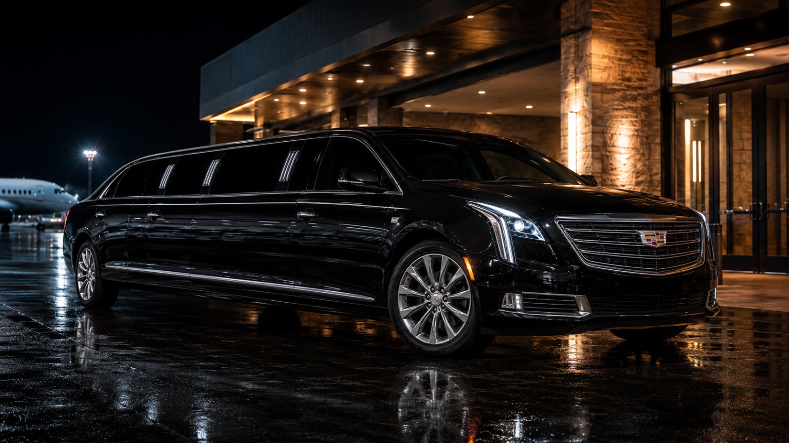 A black stretch limousine at a lit hotel entrance at night
