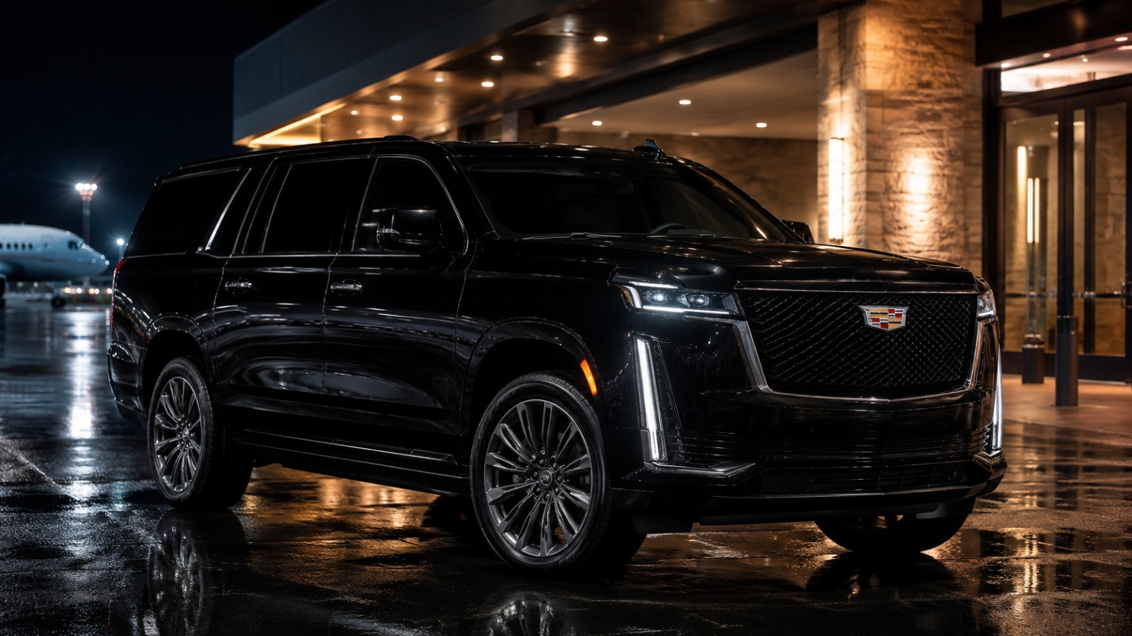 A black Cadillac Escalade parked under cover at night