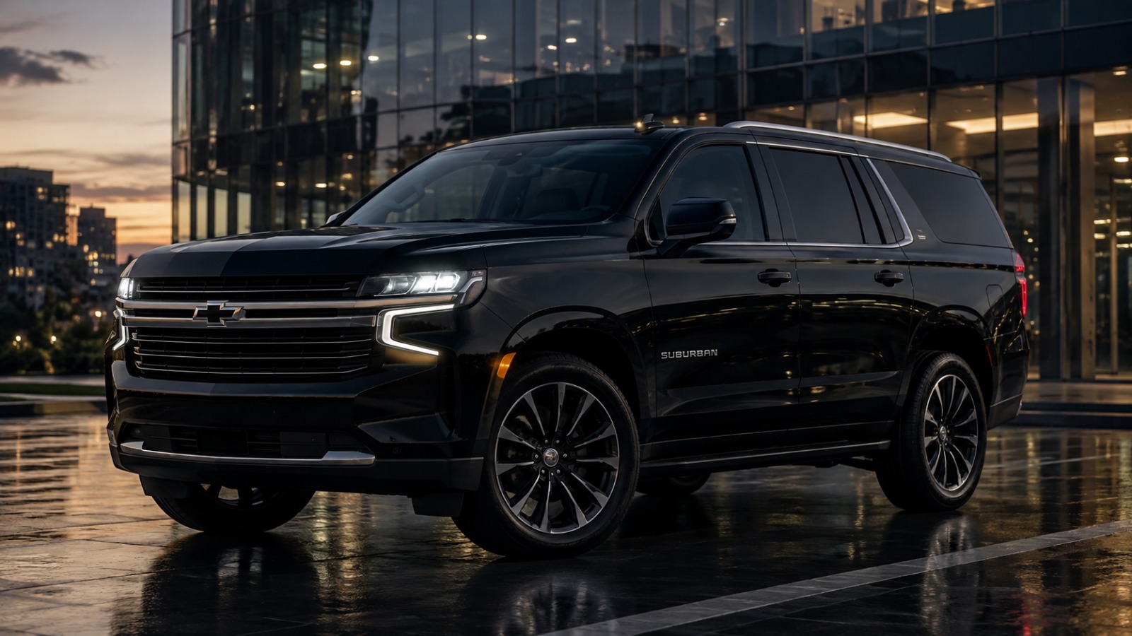 A black Chevrolet Suburban on a city street at dusk