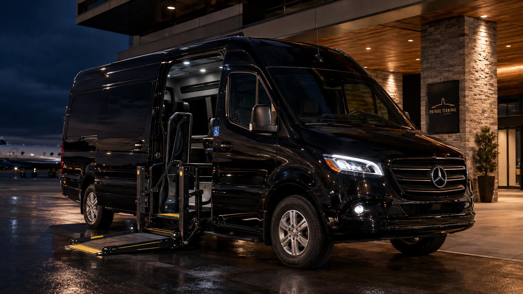 A black wheelchair-accessible van with its side lift lowered at a private terminal at night