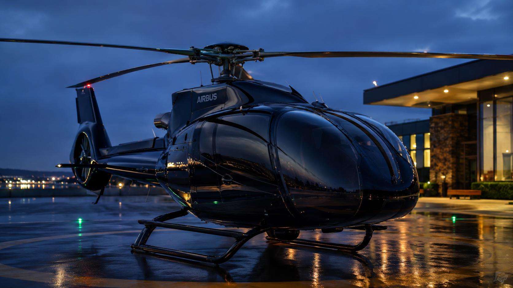 A black helicopter on a lit rooftop helipad at dusk